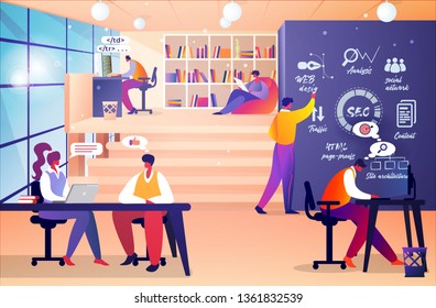 Kreative Teamcharaktere erstellen ein Projekt für Website oder Weboberfläche. Website-Designer und Programmierer-Entwicklertreffen. Social Media Wireframe-Entwicklung. Office Life Teamwork. Illustration zur flachen Vektorillustration von Cartoon.