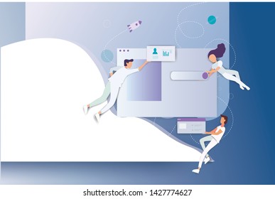 Creative Team Characters Make Site or Web Interface Project. Website Designer and Programmers Developer Meeting. Social Media Wireframe Develop. Office Life Teamwork. Cartoon Flat Vector Illustration.