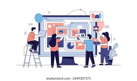 Creative Team Collaborating on a Digital Project Displaying Visual Content and Data Analytics