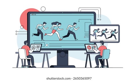 Equipe criativa colaborando em projetos de animação e gráficos em movimento em computadores