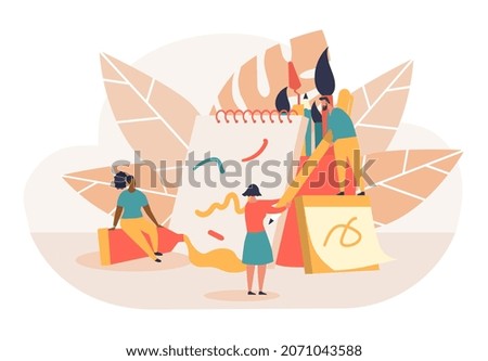 Creative team concept. Artists draw colorful lines on notebook. Metaphor of creativity, design development. Stylish patterns, modern paintings, ideas, women. Cartoon flat vector illustration