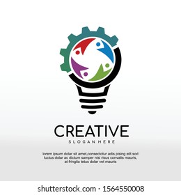 Creative team concept. Colorful abstract people in light bulb shape. knowledge innovation icon, gear bulb logo, technology industry.