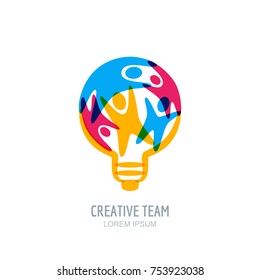 Creative Team Concept. Colorful Abstract People In Light Bulb Shape. Vector Human Logo, Icon Or Emblem Design Template. Business, Creativity, Innovation, Coaching Or Education Illustration.