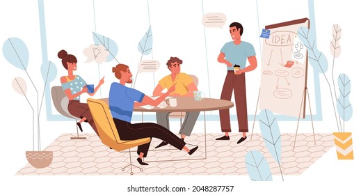 Creative team concept in flat design. Colleagues at meeting in conference room, generate new ideas, discuss project, brainstorm and create business strategy. Teamwork people scene. Vector illustration