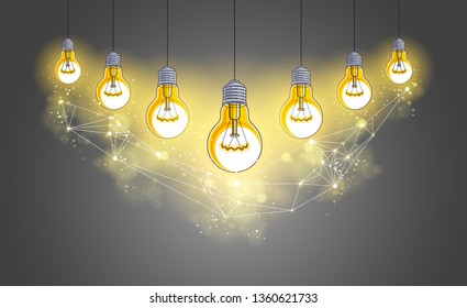 Creative team concept, group of five shining light bulbs represents idea of creative people teamwork having ideas working together, vector illustration.