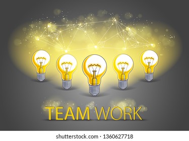 Creative team concept, group of five shining light bulbs represents idea of creative people teamwork having ideas working together, vector illustration.