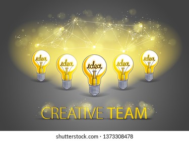 Creative team concept, group of five shining light bulbs represents idea of creative people teamwork having ideas working together, vector illustration.