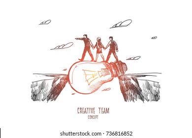 Creative team concept. Hand drawn teamwork process. luminous light bulb as symbol of creative work isolated vector illustration.