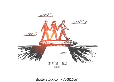 Creative Team Concept. Hand Drawn Teamwork Process. Business Team Coworking Isolated Vector Illustration.