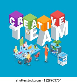 Creative team concept. Image of a working creative peoples. Highly detailed vector illustration of isometric objects