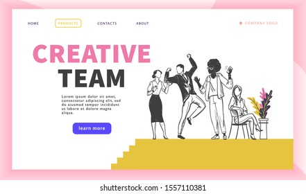 Creative team concept with multiracial office people group celebrating. Landing page design template, ui, mobile app. Hand drawn sketch style. Vector illustration.