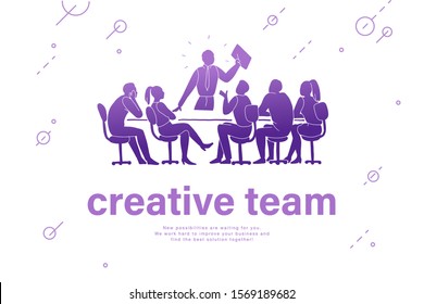 Creative team concept. Team work, project management, team building, planning, meeting. Office people silhouette group at table isolated on white background. Vector illustration.