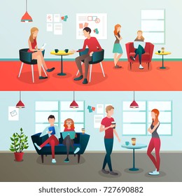 Creative team coworking people gradient flat compositions with doodle style human characters and indoor office environment vector illustration