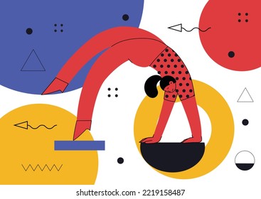 Creative team creating new, building abstract structure, working under corporate project. Business and creativity process, teamwork concept. Flat vector illustration
