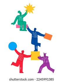 Creative team creating new, building abstract structure. Teamwork concept. Colorful vector illustration
