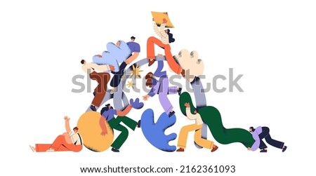 Creative team creating new, building abstract structure, working under corporate project. Business and creativity process, teamwork concept. Flat vector illustration isolated on white background