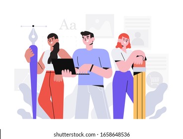 Creative Team Or Design Studio Vector Illustration. Man With Laptop And Two Women With Pencil And Pen With Anchor Point. The Concept Of Meet Our Team, About Us For Web Design Or Ui.