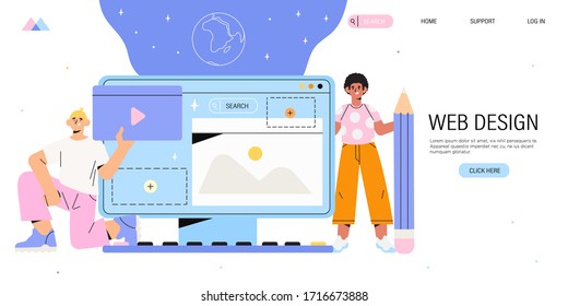 Creative Team Of Designers Prototyping A New Web Site Project For Company Brand Or Business, Landing Page Or Mobile Application From Different Digital Elements. Web Design Studio Concept For Banner.