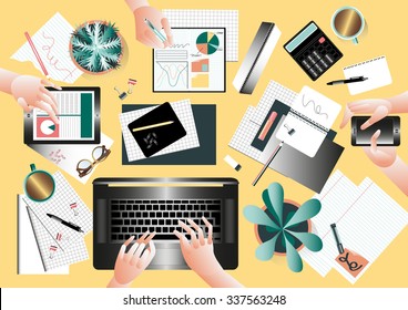 Creative team desktop top view with people working together in modern style