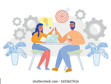 Creativo Equipo Discute Desarrollo de Proyectos Comerciales, Nueva Empresa, Lanzamiento de Empresas. Trabajo En Equipo De Inicio, Colaboración Productiva. Colegas o freelancers dando brainstorming. Ilustración de vectores planos.