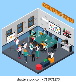 Creative Team Discusses Project In Office With Glass Table, Coffee Machine, Boards With Information Isometric Vector Illustration