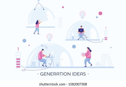 Creative team generate ideas in office laboratory. Business idea generation. Brainstorm meeting, generation of innovative ideas, creativity and imagination. Flat people vector illustration. Vector