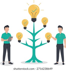 Equipo creativo cultivando ideas en un árbol de bombillas para el éxito y el crecimiento sostenible