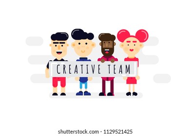 Creative team holding text transparent on creative agency. Vector illustration flat design with people.
