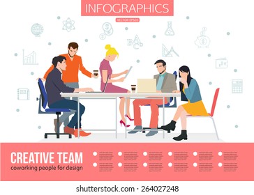 Creative Team Infographics. Business Meeting And Coworking People. Vector Illustration