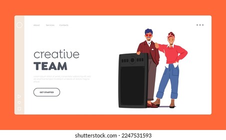 Creative Team Landing Page Template. People Male Female Characters Designers, Artists, Painters Standing Together with Huge Digital Tablet Pc Ready for Creation Projects. Cartoon Vector Illustration