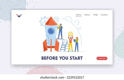 Creative Team Launch Rocket Landing Page Template. Businesspeople with Huge Gears Prepare Spaceship for Take Off, Launching Business Project Startup. Idea, Plan, Strategy. Cartoon Vector Illustration