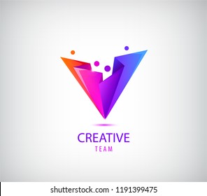 Creative team logo. Colorful abstract people, faceted origami design. Vector human logo, icon or emblem template. Business, creativity, innovation, coaching or education illustration. Family, social