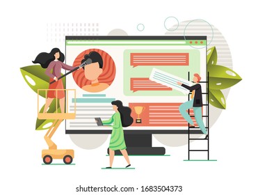 Creative Team Making Website Design On Computer Monitor Vector Flat Illustration. Site Constructor, Web Designer, Website Builder Concept. Professional Web Site Design, Application Development Service