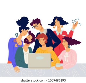 Creative team, men and women cartoon characters working together in friendly partnership environment. Teamwork, corporate successful management strategy. Flat vector illustration isolated.