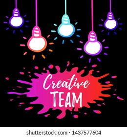 Creative team modern design with colorful lamps and watercolor splash of paint.Success in business concept.Vector illustration isolated on black background