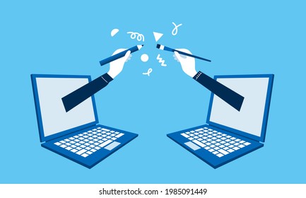 Creative team online,writer and designer in laptop,blue background,vector illustration