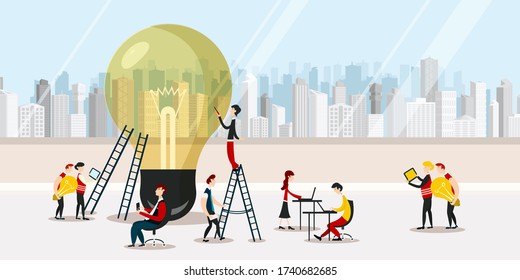 Creative Team - People in Office with Big Transparent Bulb. Vector Design Studio Concept.