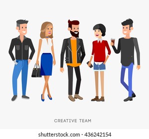 Creative team people. Teamwork, art director and designer, programmer and boss team leader, group portrait creative team. Design studio 