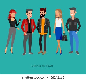 Creative team people. Teamwork, art director and designer, programmer and boss team leader, group portrait creative team. Design studio