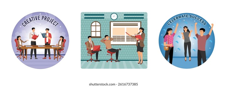 Creative Team of professionals working together on a creative project. Business team, developers and designers presenting website interface design. People celebrating successful projects.