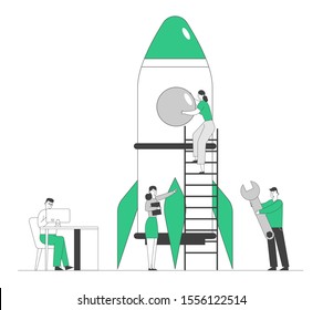 Creative Team Rocket Launch, Businesspeople with Pc and Huge Wrench Launching Business Project Startup. Financial Idea Planning Strategy Realization Success. Cartoon Flat Vector Illustration, Line Art