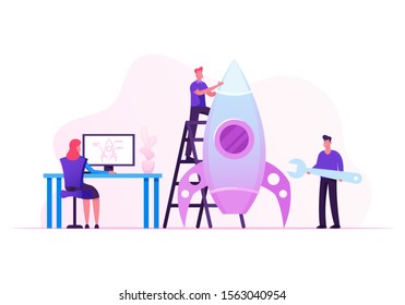 Creative Team Rocket Launch, Businesspeople Set Up Shuttle Using Project Sketch on Pc. Launching Business Startup. Financial Idea Successful Strategy Realization. Cartoon Flat Vector Illustration