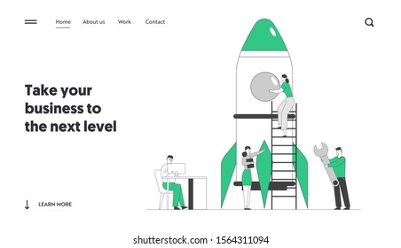 Creative Team Rocket Launch Website Landing Page. Businesspeople Launching Business Project Startup. Business Strategy Successful Realization Web Page Banner. Flat Vector Illustration, Line Art
