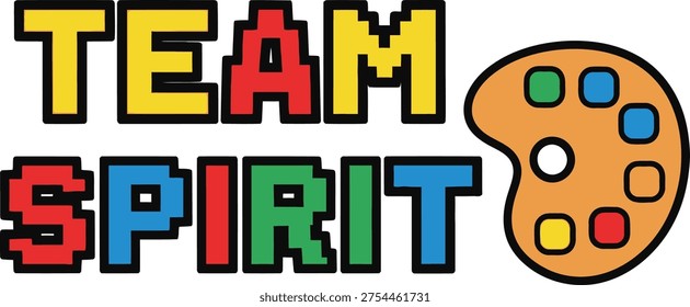 Creative team spirit logo featuring colorful block letters and a paint palette
