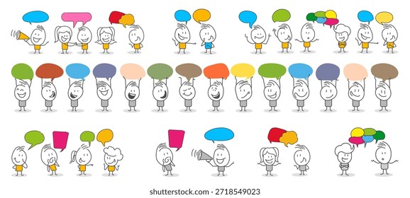 Espíritu de equipo creativo compartiendo diferentes emociones y pensamientos a través de burbujas de discurso en entornos de oficina o la vida diaria.