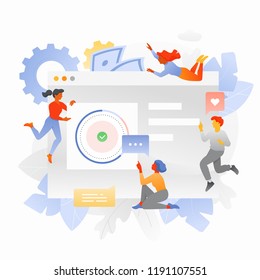 The creative team is surrounding a big screen interface. Trendy vector illustration for business intelligence and teamwork.