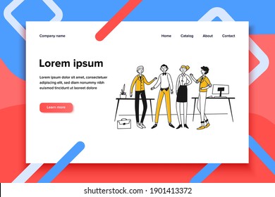 Kreativteam in ihrem Büro. Gruppe glücklicher, freundlicher, geeinter Menschen, die zusammen flache Vektorgrafik stehen. Teamwork, Kooperation, Erfolgskonzept für Banner, Website-Design oder Landing-Webseite