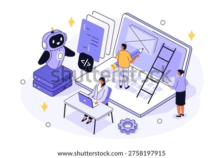 Creative team using ai agent for web design, prototyping, development. Artificial intelligence assisted business. Vector isometric illustration.