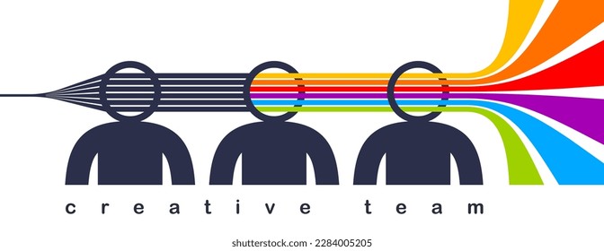 Creative team vector concept in flat trendy design style, colorful rainbow stripes goes out of men heads symbolizes creative ideas and thinking, teamwork.