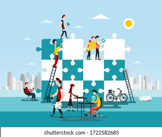 Creative Team Vector Illustration. Jigsaw Puzzle Solving Concept with City on Background.